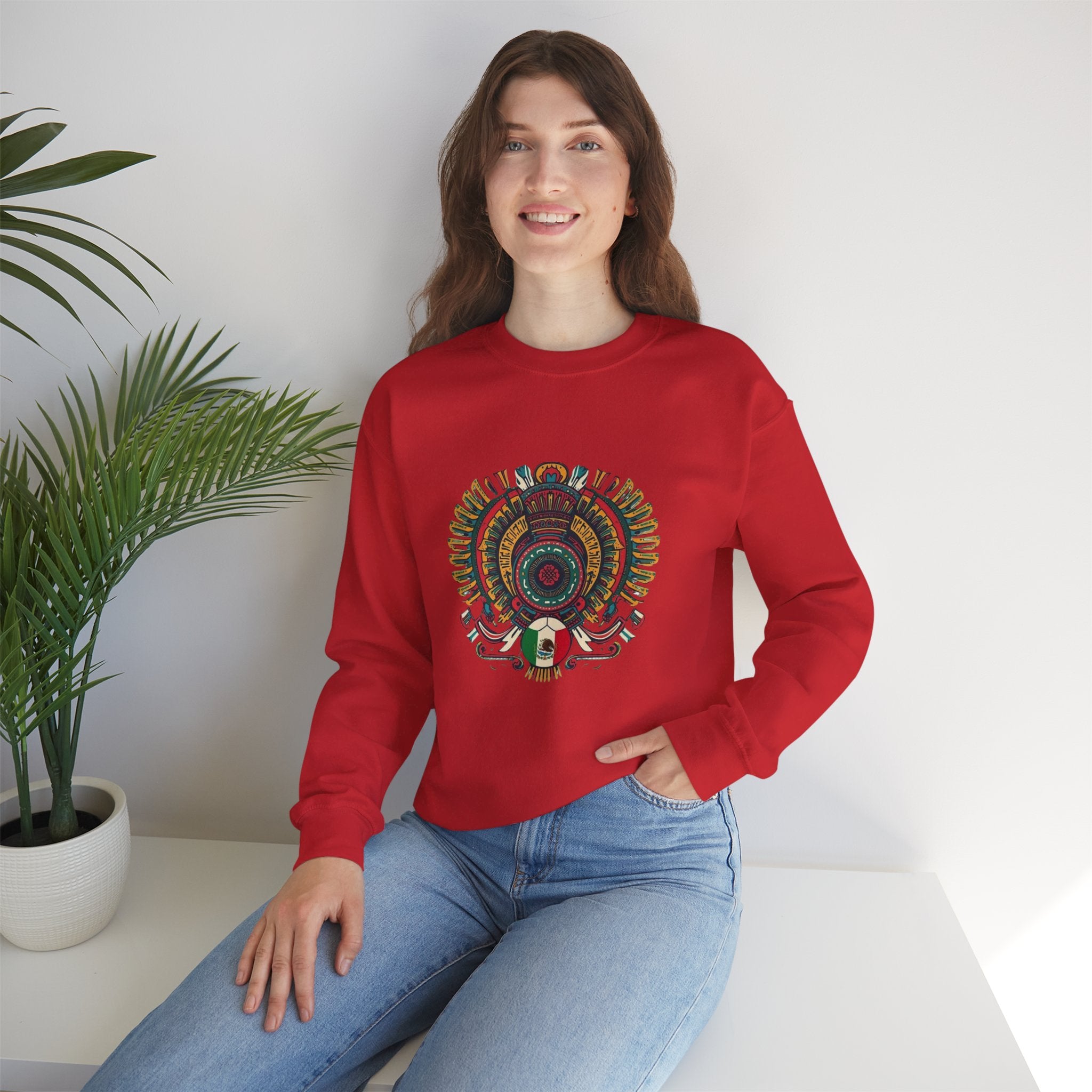 Aztec Skull Crewneck Sweatshirt – Colorful Tribal Headdress Design Mexico