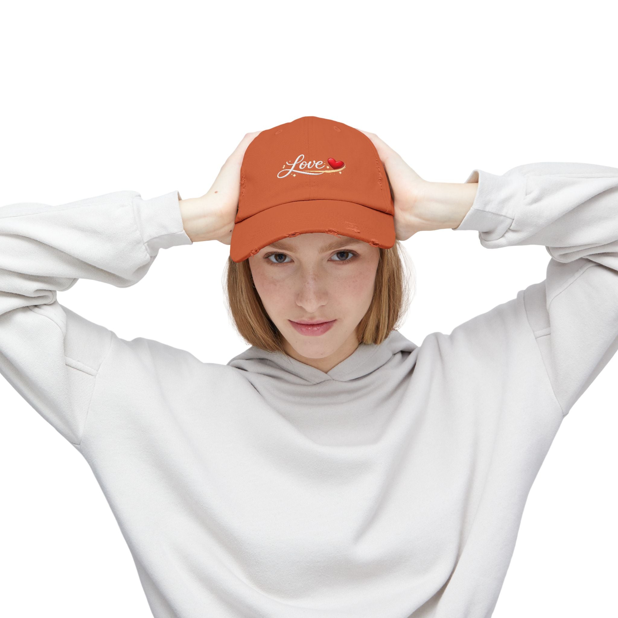 Distressed Love Hat - Embroidered Heart Script Baseball Cap