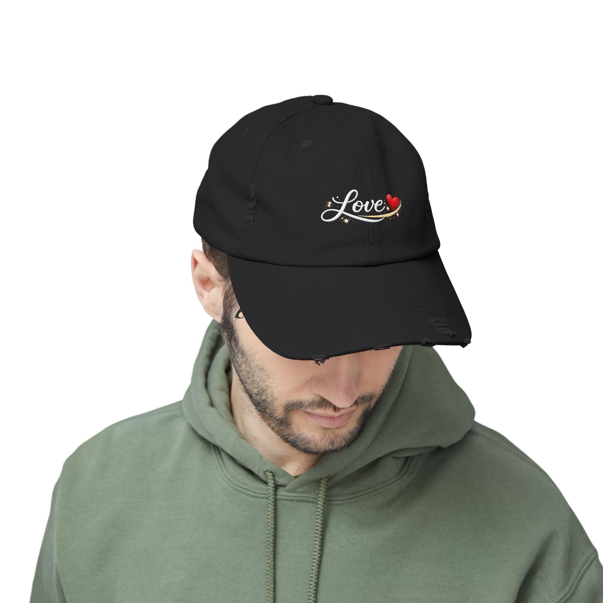 Distressed Love Hat - Embroidered Heart Script Baseball Cap