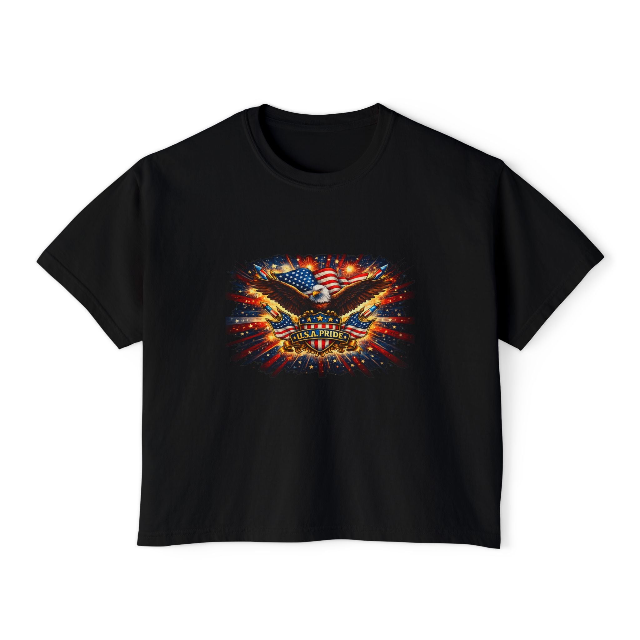 Patriotic Eagle Skull Boxy Tee — American Flag Graphic Women’s Shirt