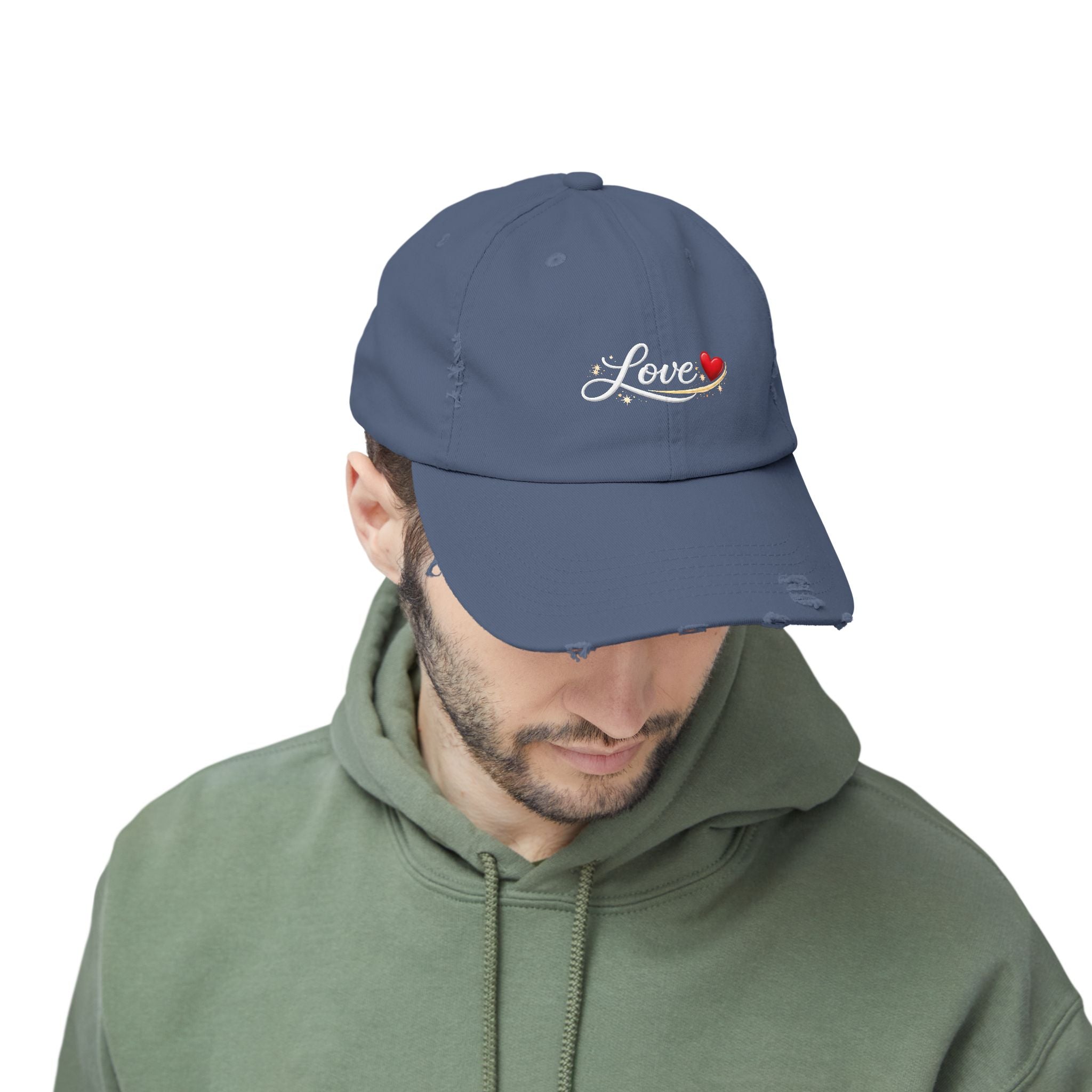 Distressed Love Hat - Embroidered Heart Script Baseball Cap