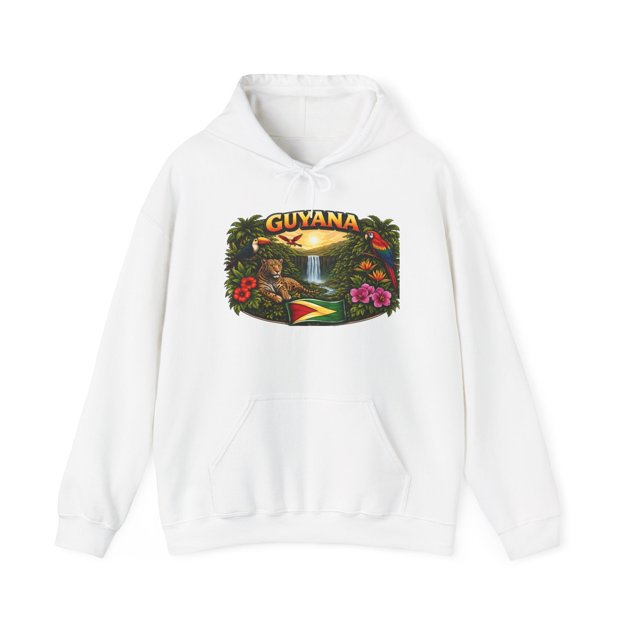 Guyana rainforest waterfall graphic Hoodie | Guyanese flag, tropical flowers