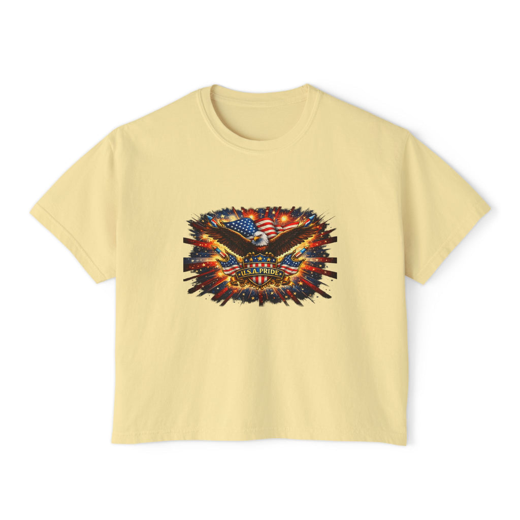 Patriotic Eagle Skull Boxy Tee — American Flag Graphic Women’s Shirt
