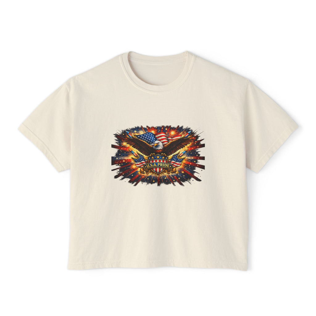Patriotic Eagle Skull Boxy Tee — American Flag Graphic Women’s Shirt