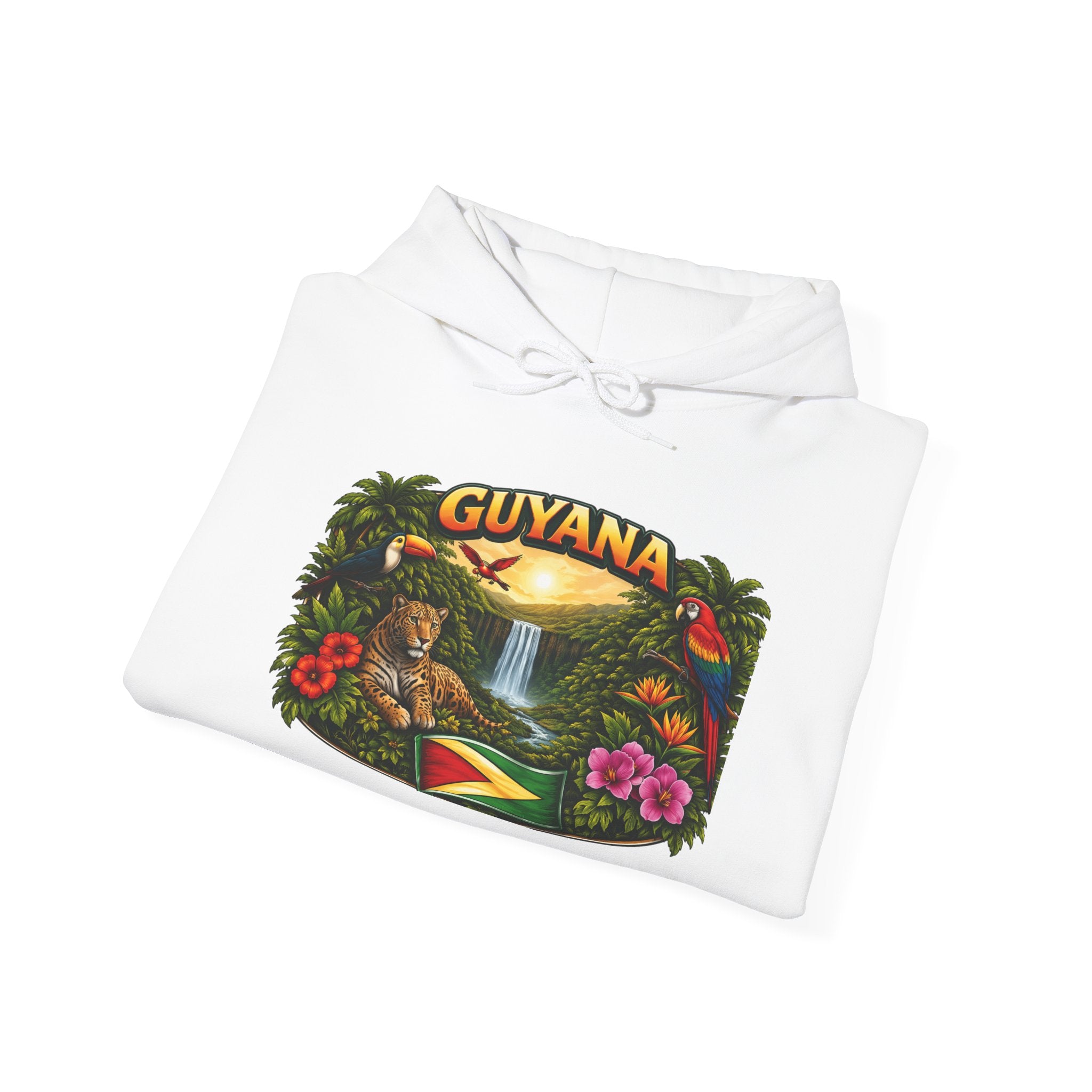 Guyana rainforest waterfall graphic Hoodie | Guyanese flag, tropical flowers