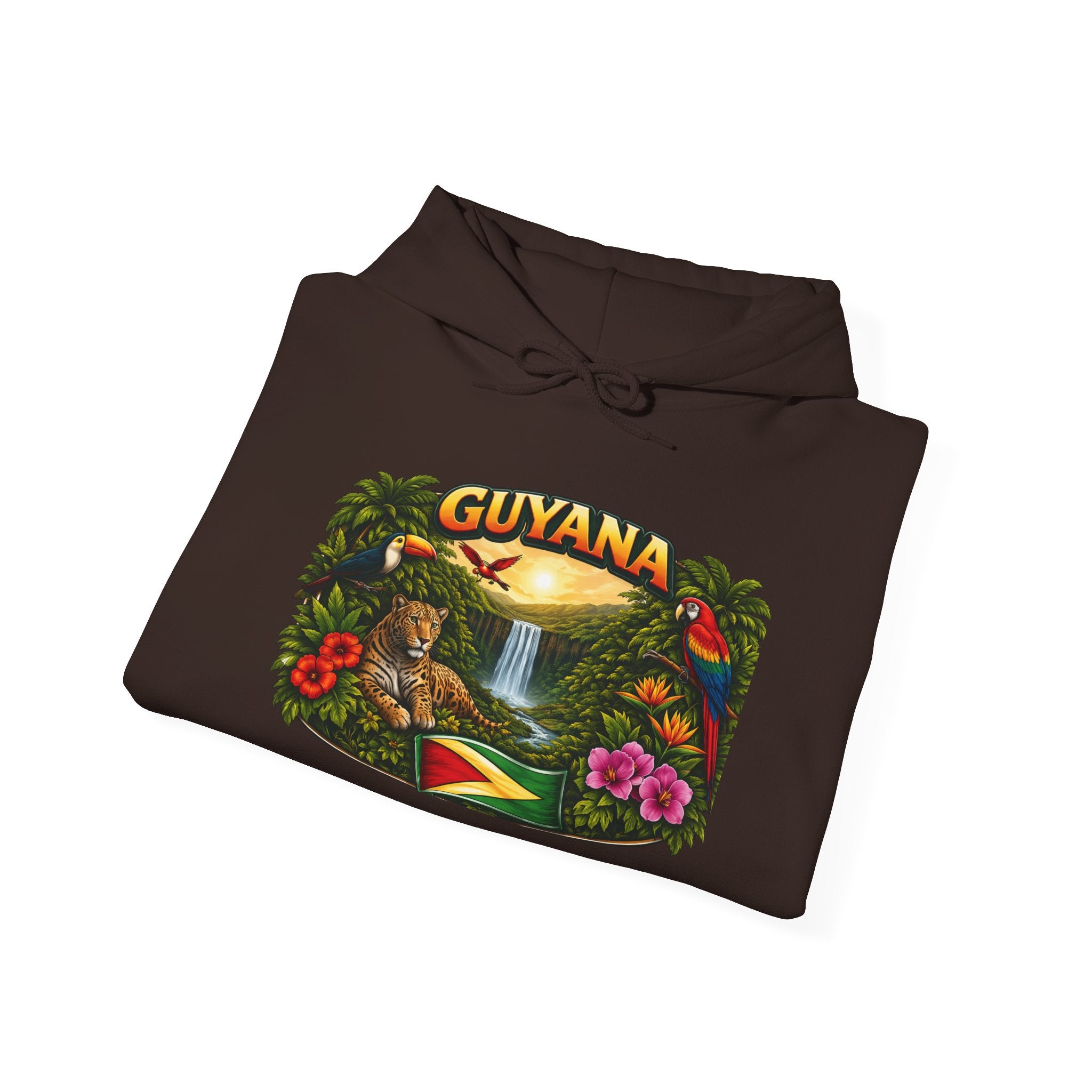 Guyana rainforest waterfall graphic Hoodie | Guyanese flag, tropical flowers