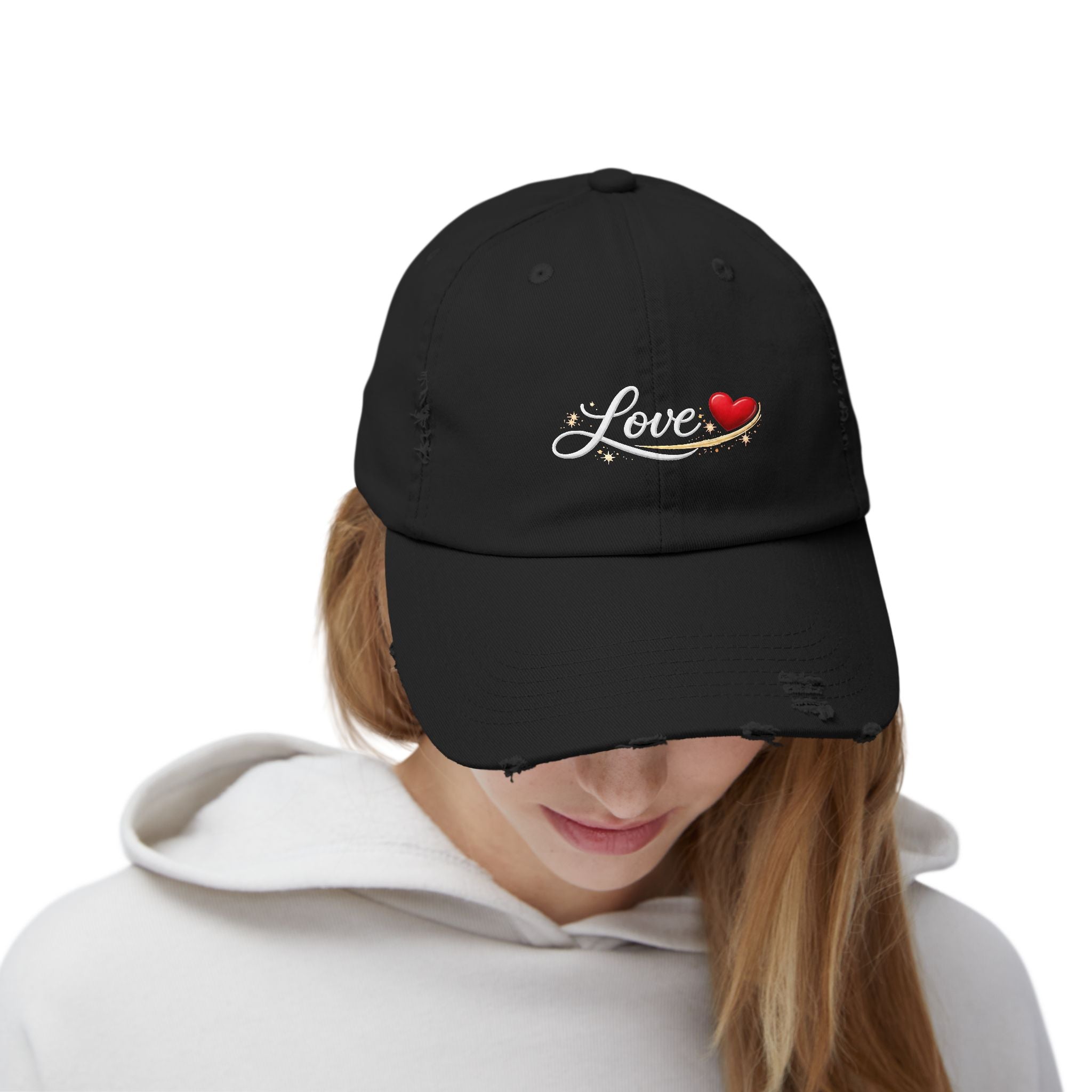 Distressed Love Hat - Embroidered Heart Script Baseball Cap