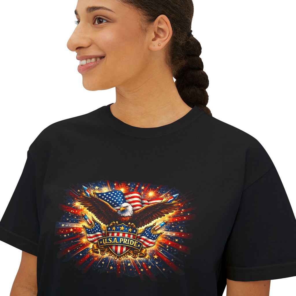 Patriotic Eagle Skull Boxy Tee — American Flag Graphic Women’s Shirt