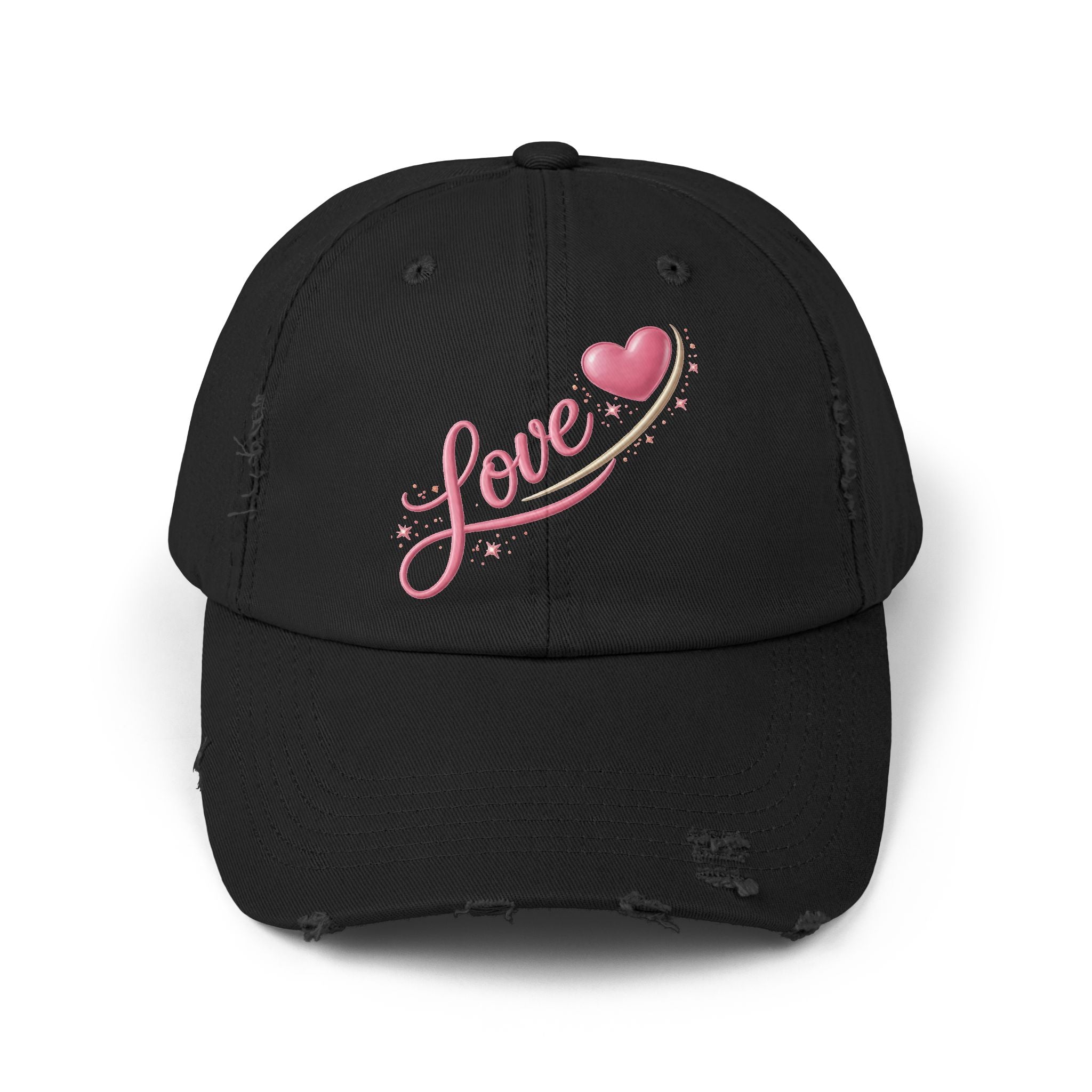 Distressed Love Cap — Pink Heart Script Baseball Hat