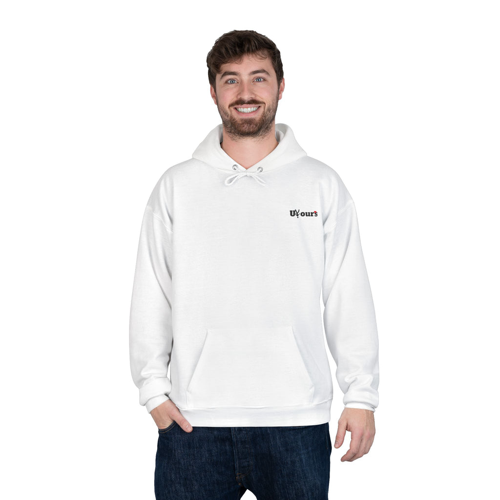 Minimal 'Yours' White Pullover Hoodie — Small Chest Script Logo