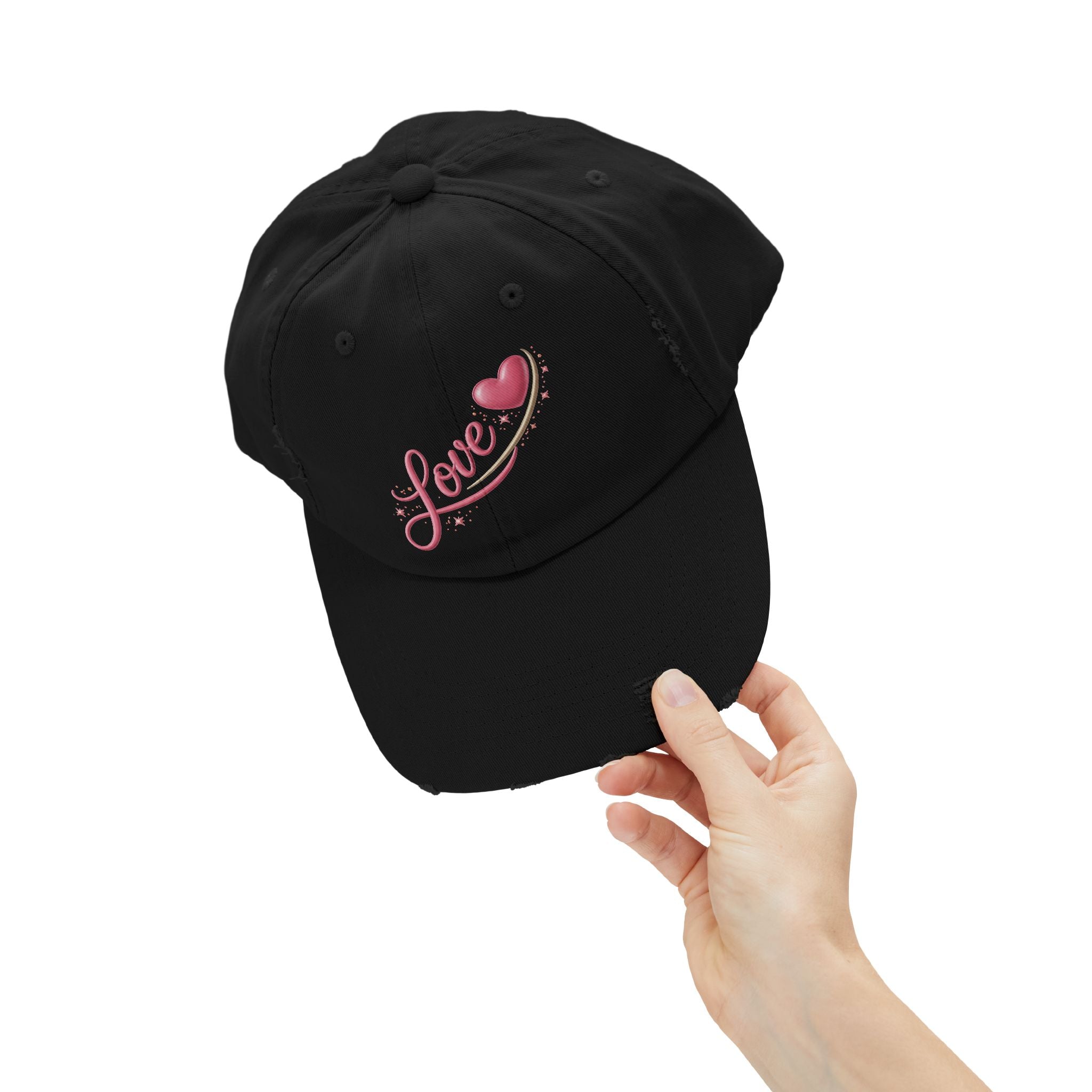 Distressed Love Cap — Pink Heart Script Baseball Hat