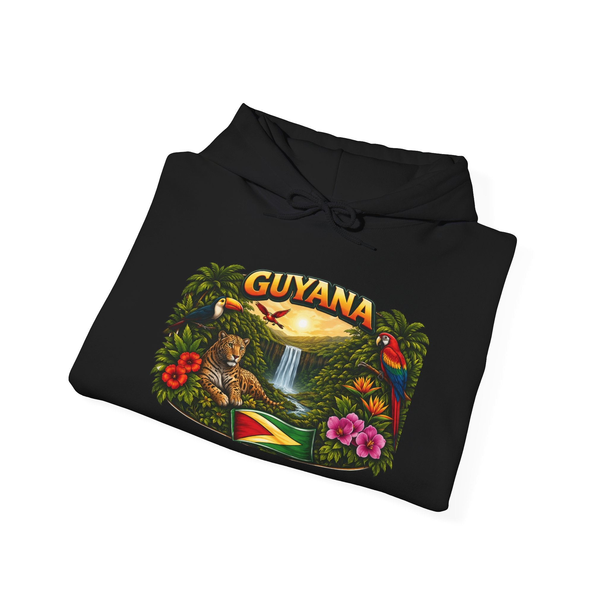 Guyana rainforest waterfall graphic Hoodie | Guyanese flag, tropical flowers