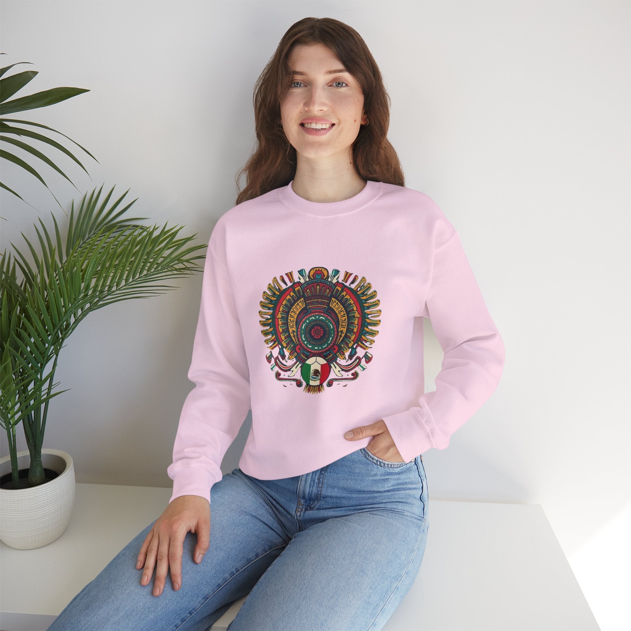 Aztec Skull Crewneck Sweatshirt – Colorful Tribal Headdress Design Mexico