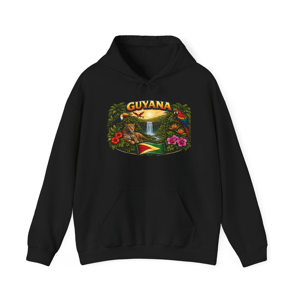 Guyana rainforest waterfall graphic Hoodie | Guyanese flag, tropical flowers