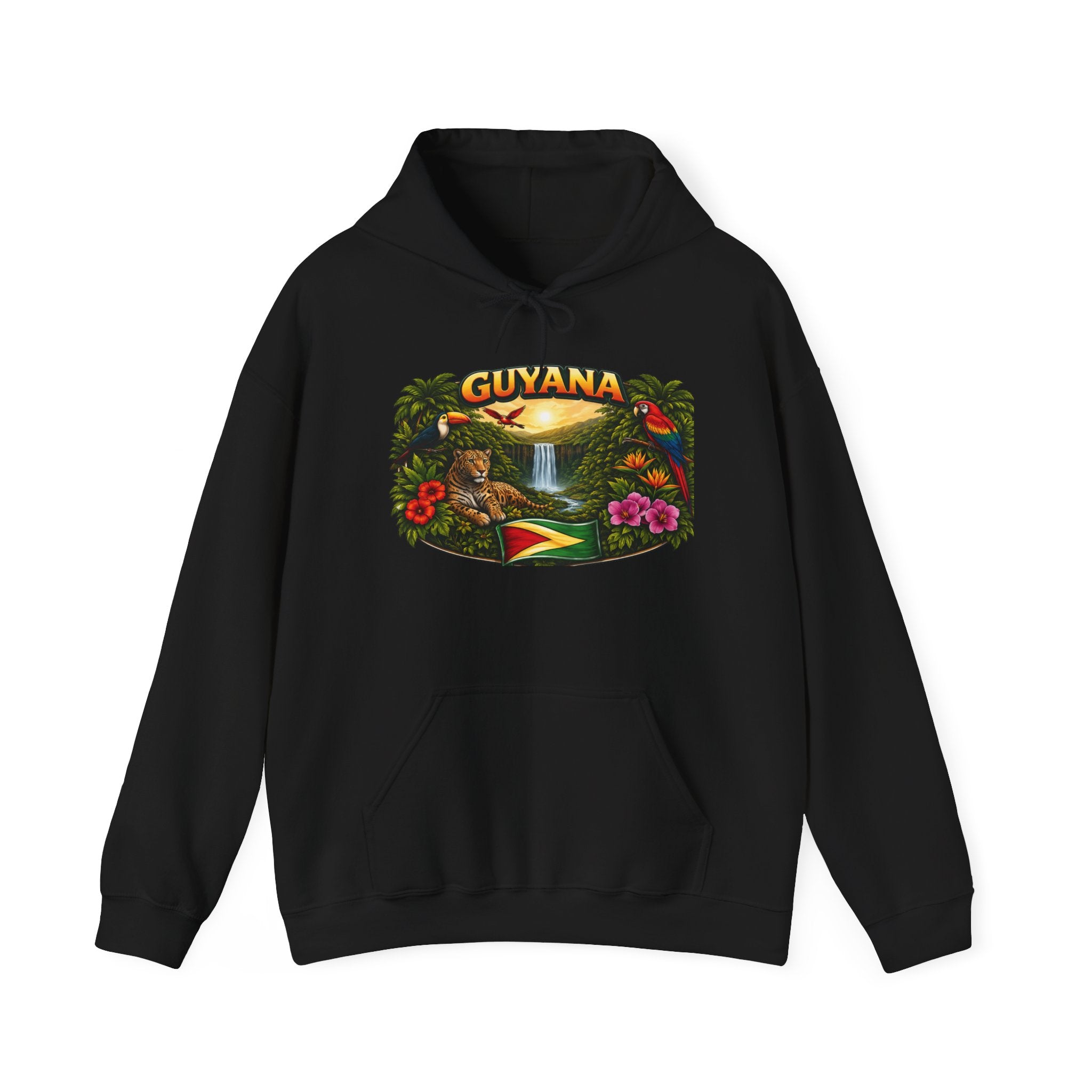 Guyana rainforest waterfall graphic Hoodie | Guyanese flag, tropical flowers