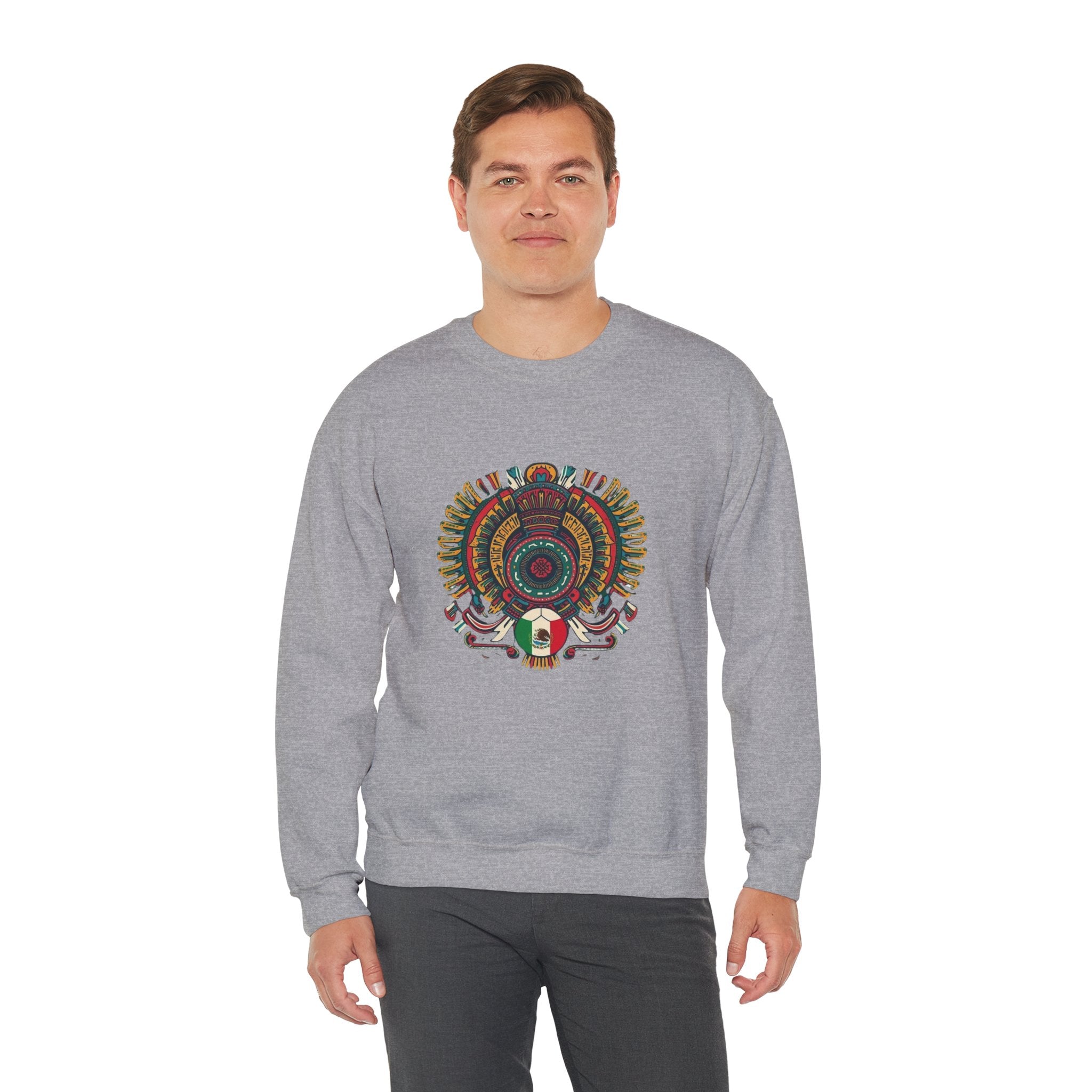 Aztec Skull Crewneck Sweatshirt – Colorful Tribal Headdress Design Mexico