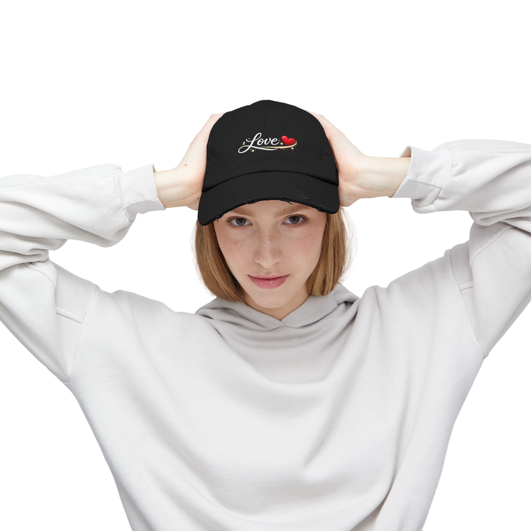 Distressed Love Hat - Embroidered Heart Script Baseball Cap