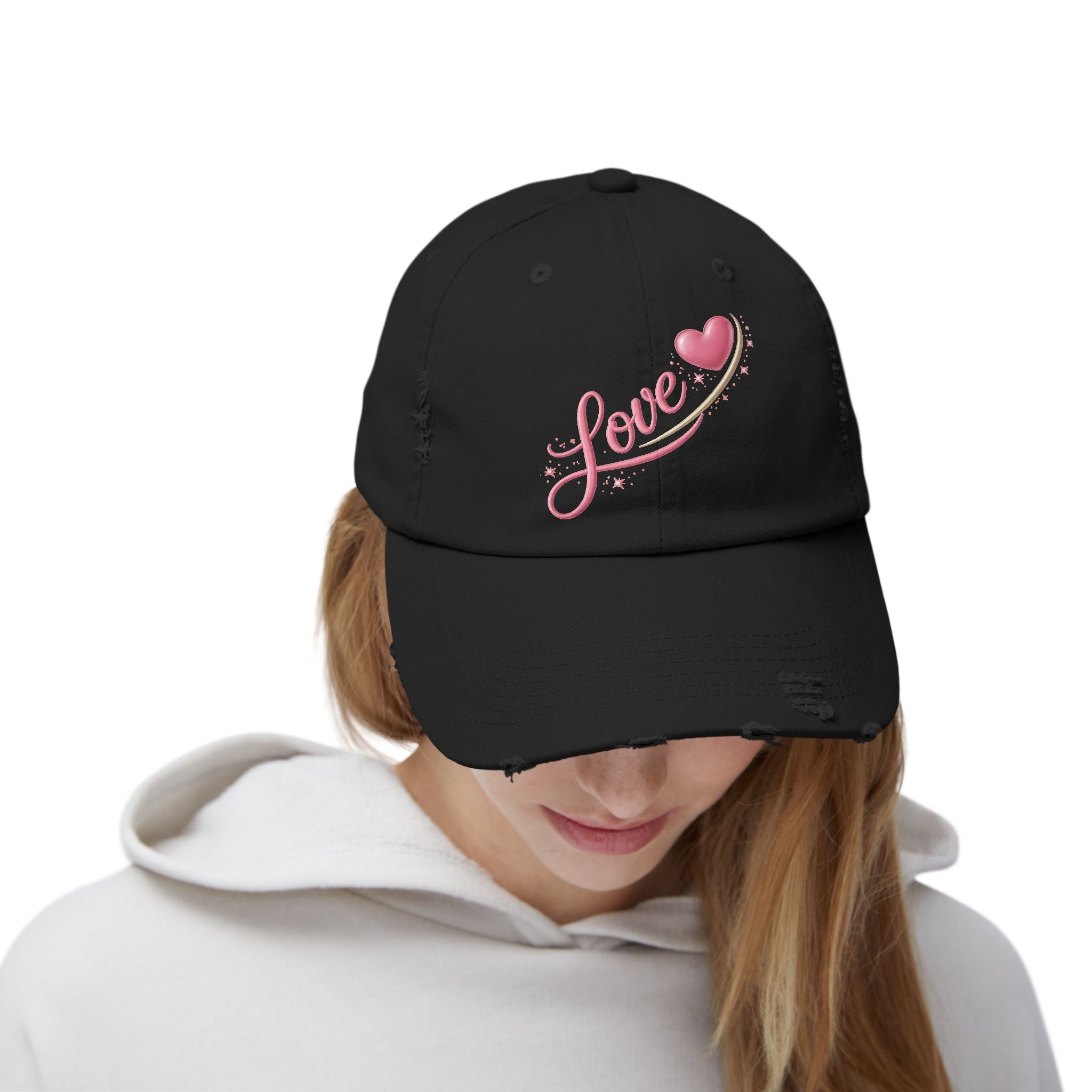 Distressed Love Cap — Pink Heart Script Baseball Hat