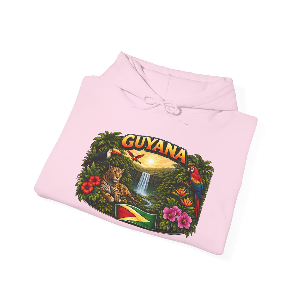 Guyana rainforest waterfall graphic Hoodie | Guyanese flag, tropical flowers