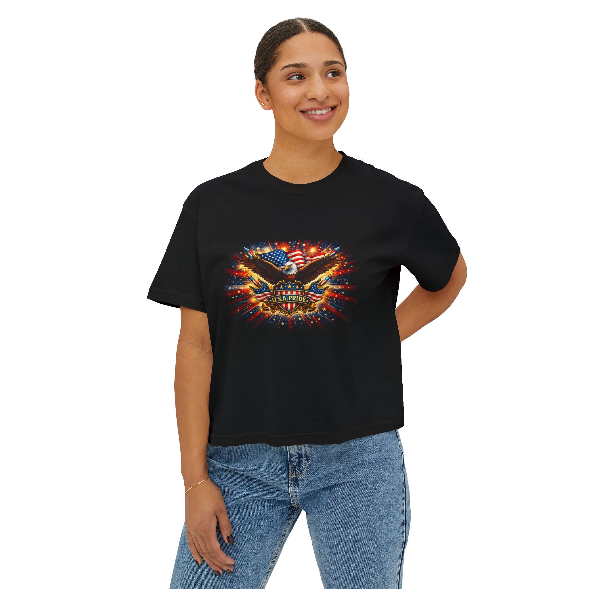 Patriotic Eagle Skull Boxy Tee — American Flag Graphic Women’s Shirt