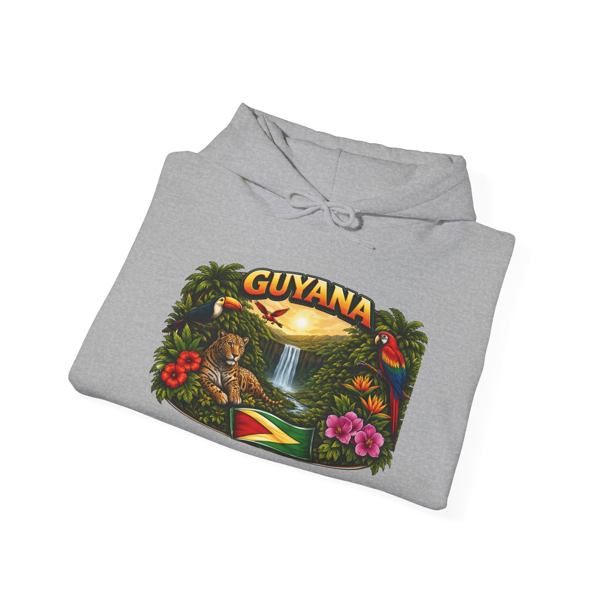 Guyana rainforest waterfall graphic Hoodie | Guyanese flag, tropical flowers