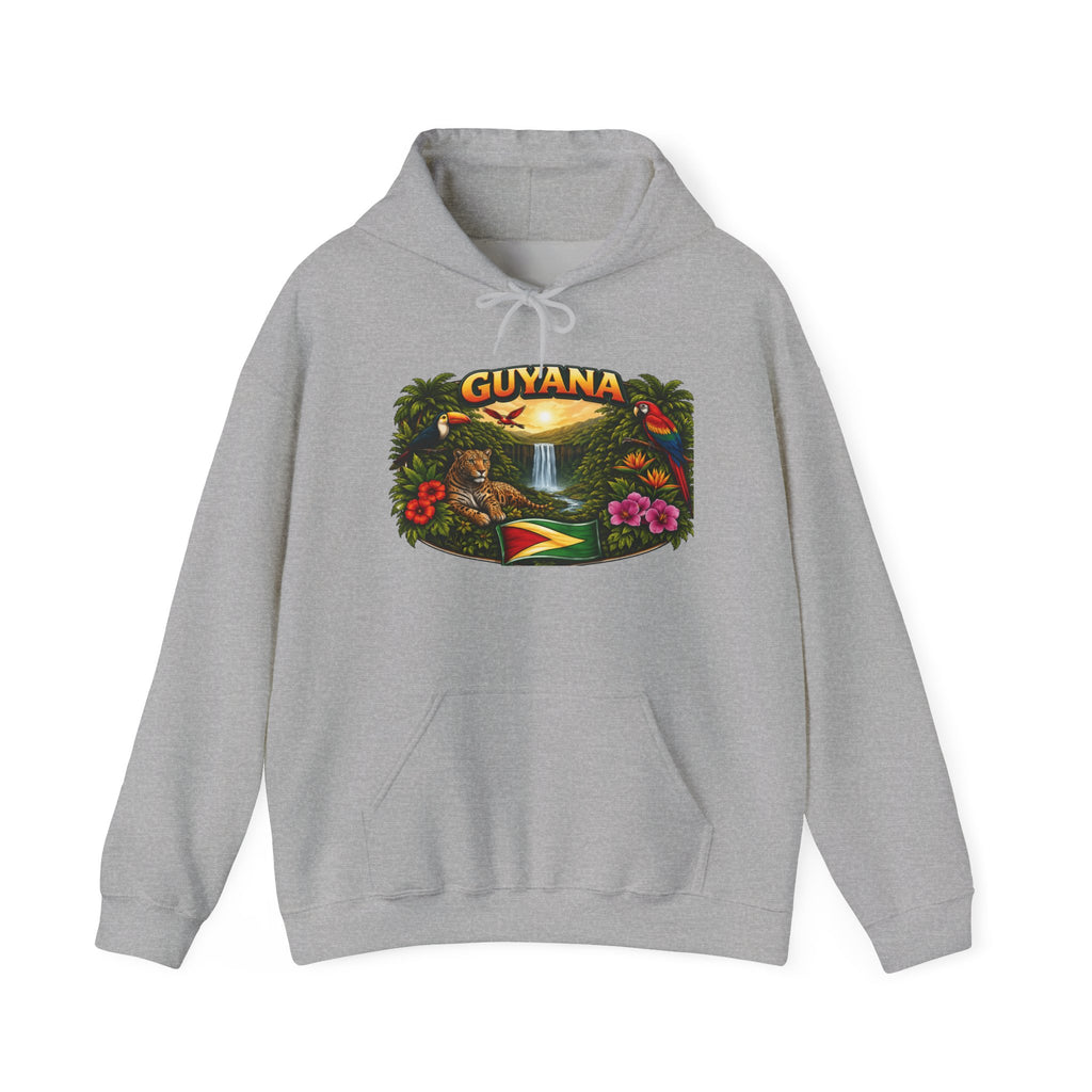 Guyana rainforest waterfall graphic Hoodie | Guyanese flag, tropical flowers