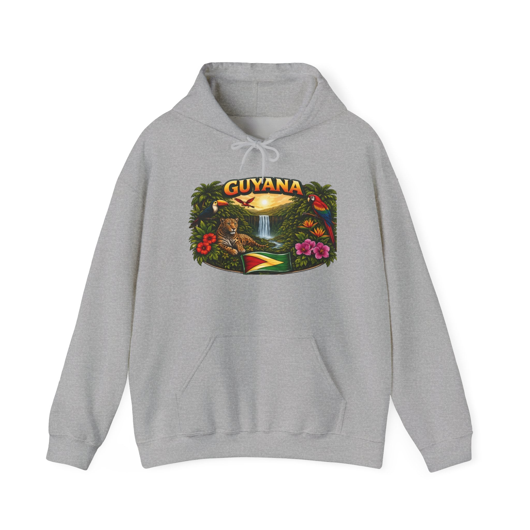 Guyana rainforest waterfall graphic Hoodie | Guyanese flag, tropical flowers