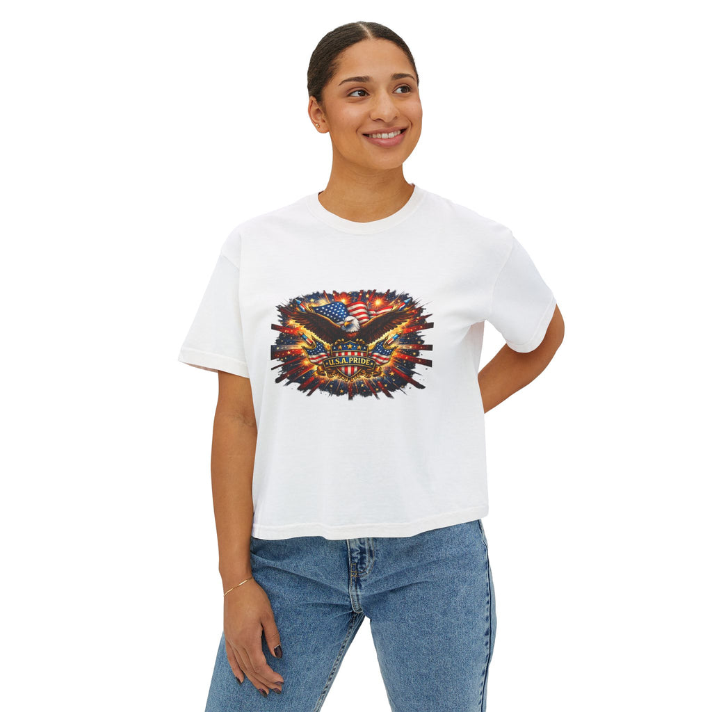 Patriotic Eagle Skull Boxy Tee — American Flag Graphic Women’s Shirt