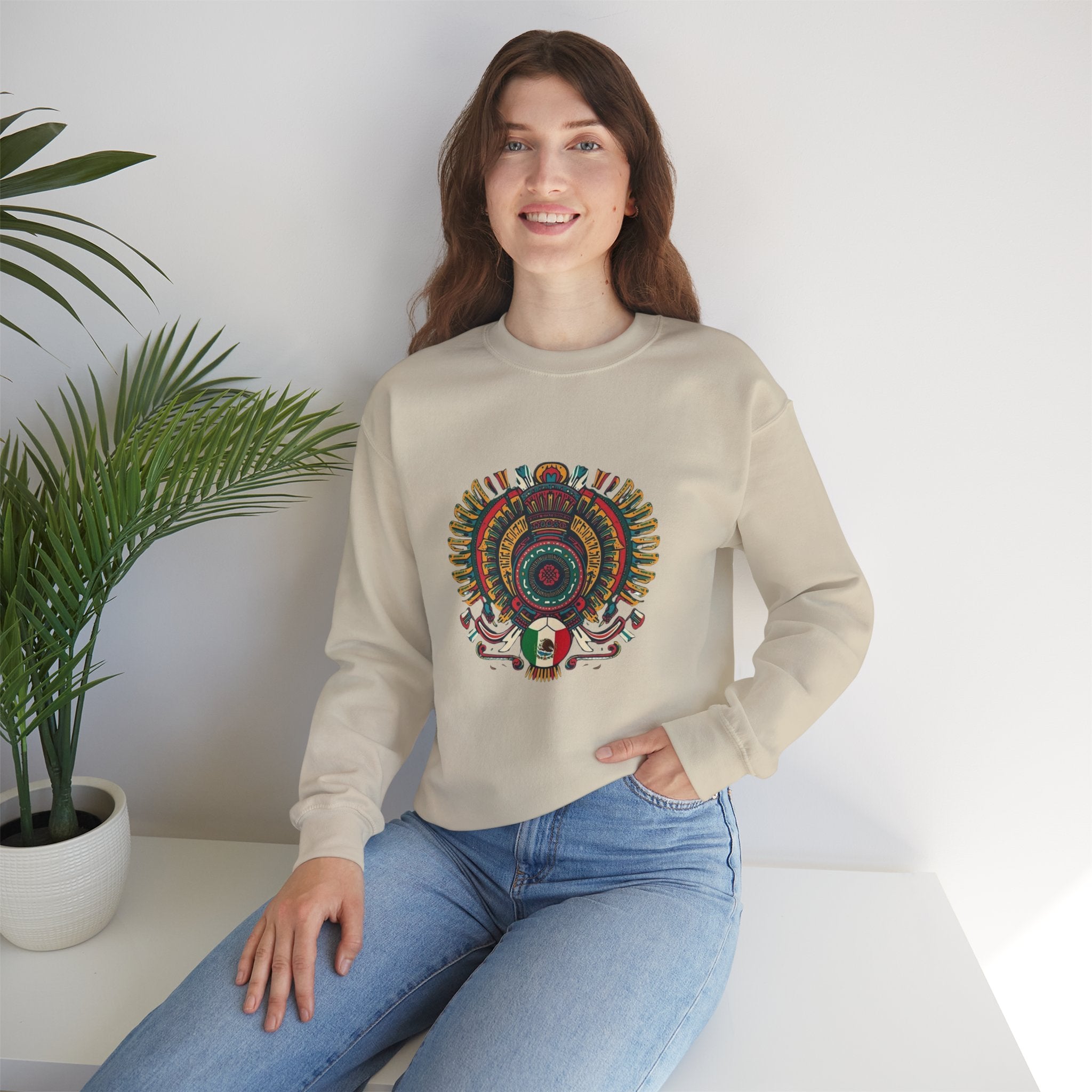 Aztec Skull Crewneck Sweatshirt – Colorful Tribal Headdress Design Mexico