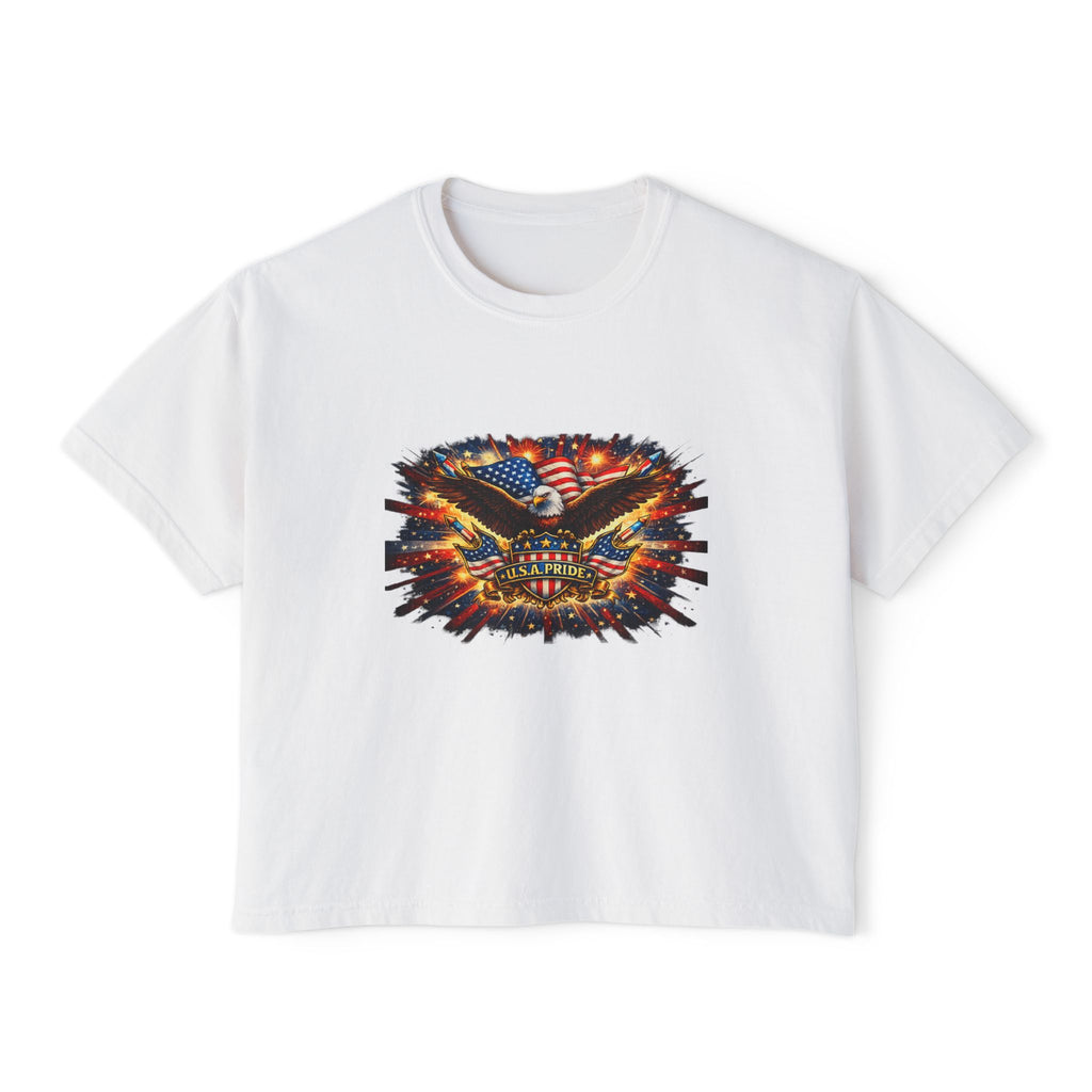Patriotic Eagle Skull Boxy Tee — American Flag Graphic Women’s Shirt