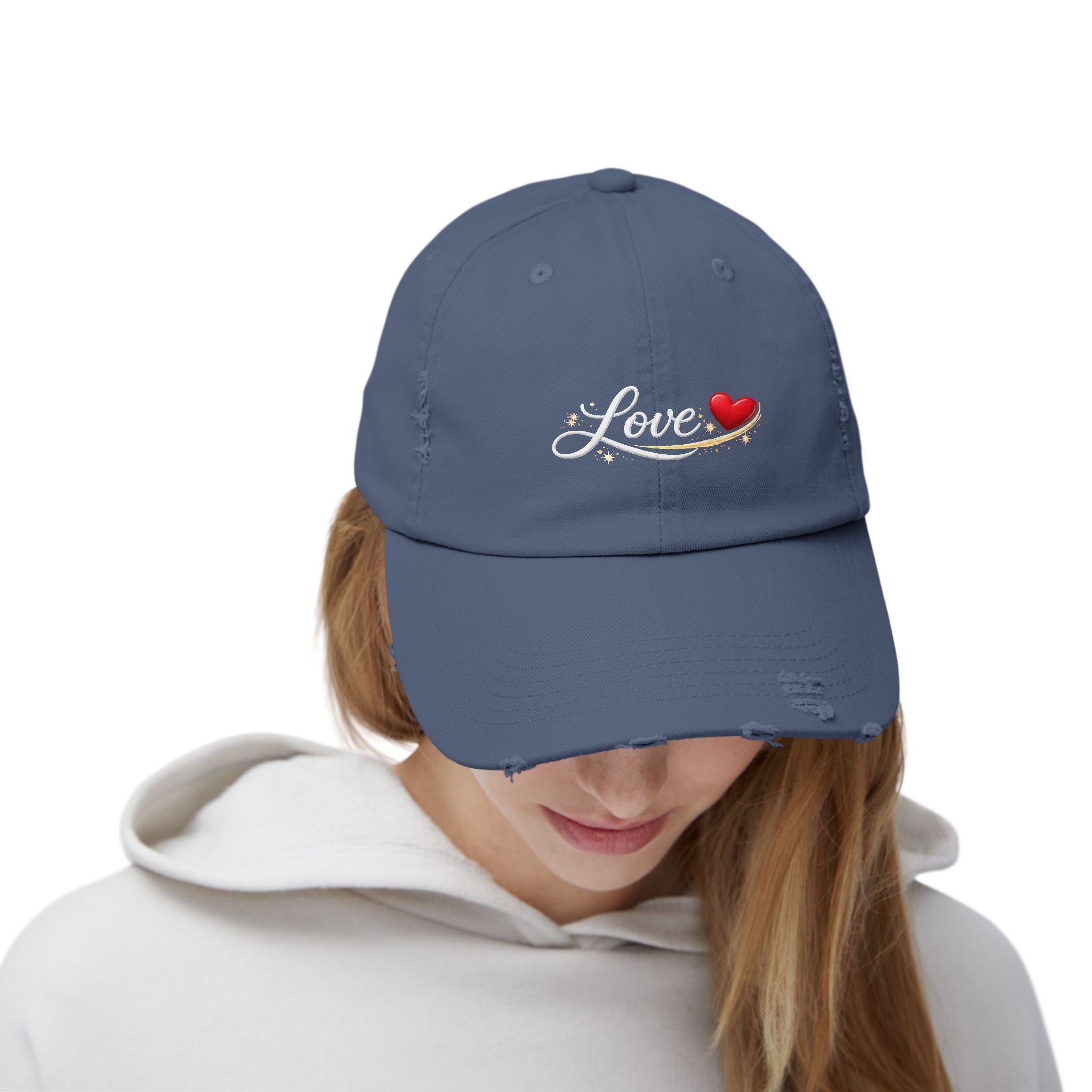 Distressed Love Hat - Embroidered Heart Script Baseball Cap