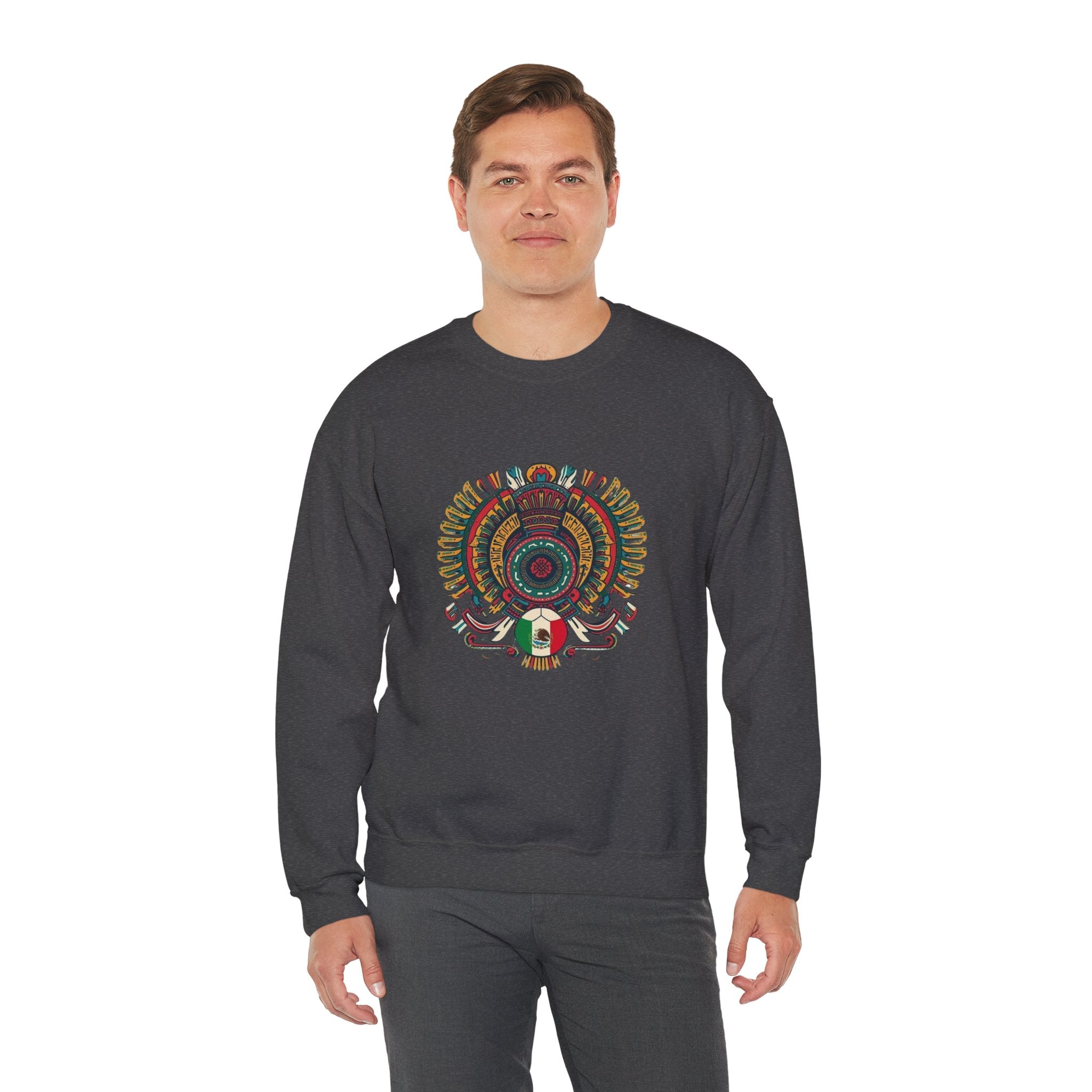 Aztec Skull Crewneck Sweatshirt – Colorful Tribal Headdress Design Mexico