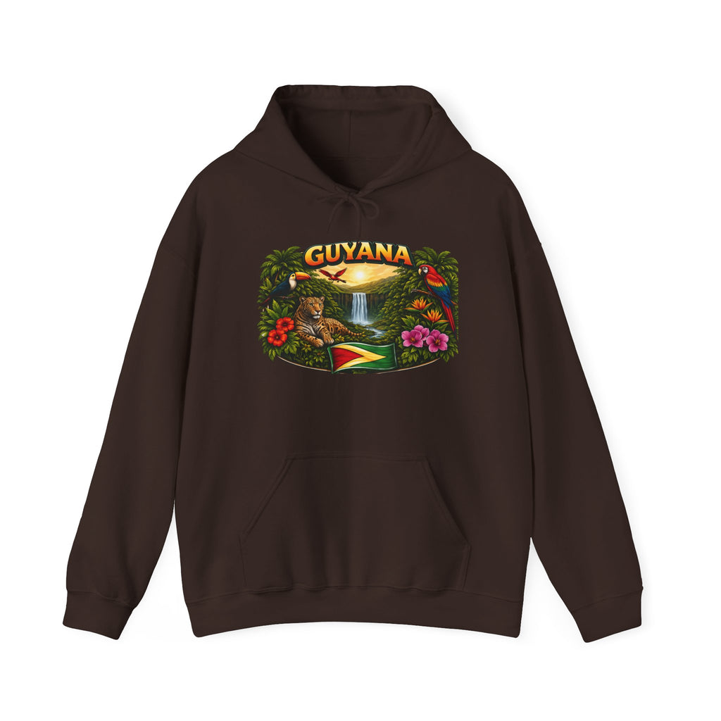 Guyana rainforest waterfall graphic Hoodie | Guyanese flag, tropical flowers
