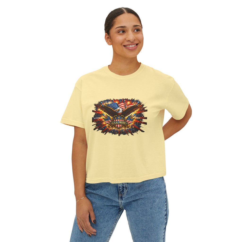 Patriotic Eagle Skull Boxy Tee — American Flag Graphic Women’s Shirt