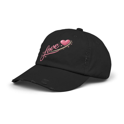 Distressed Love Cap — Pink Heart Script Baseball Hat