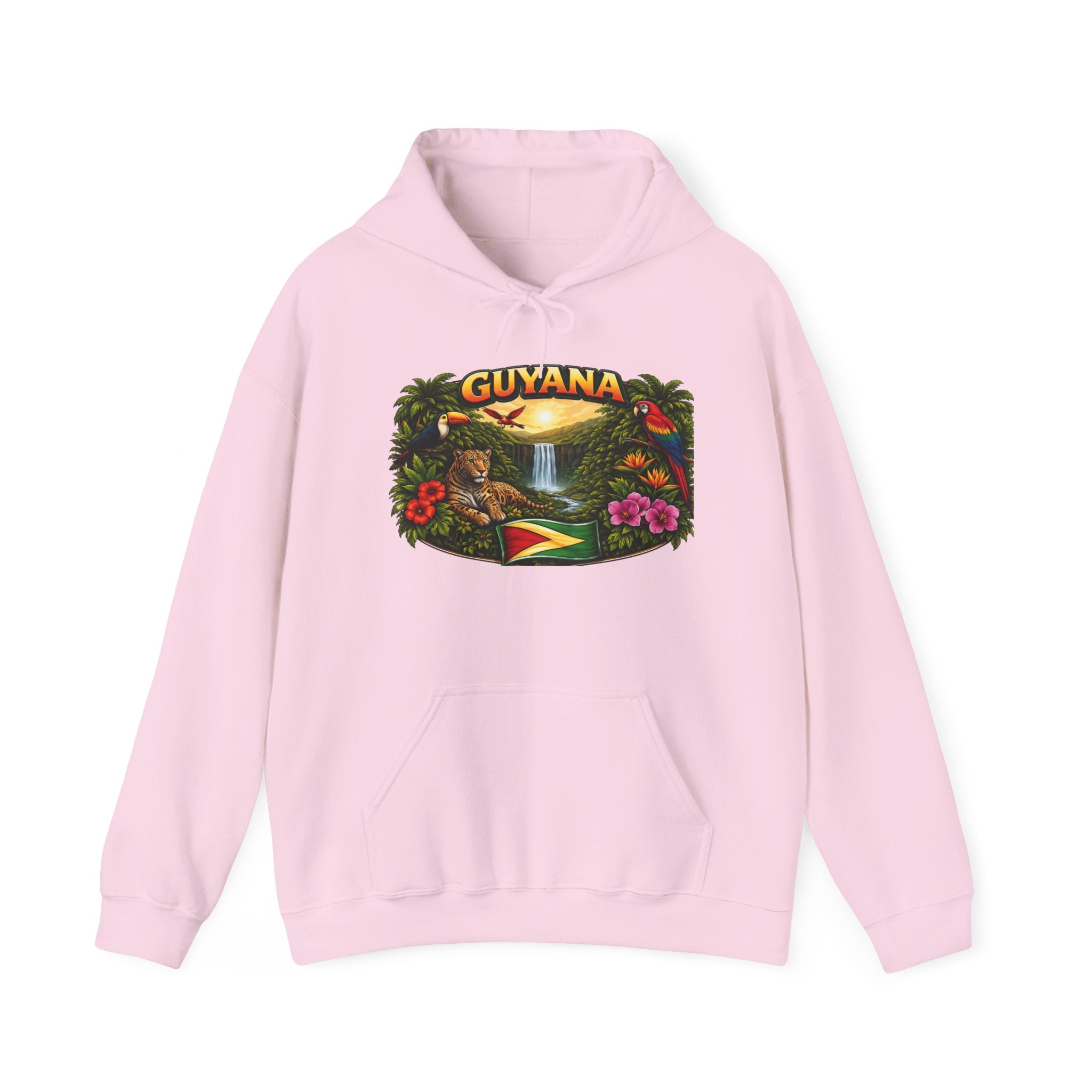 Guyana rainforest waterfall graphic Hoodie | Guyanese flag, tropical flowers