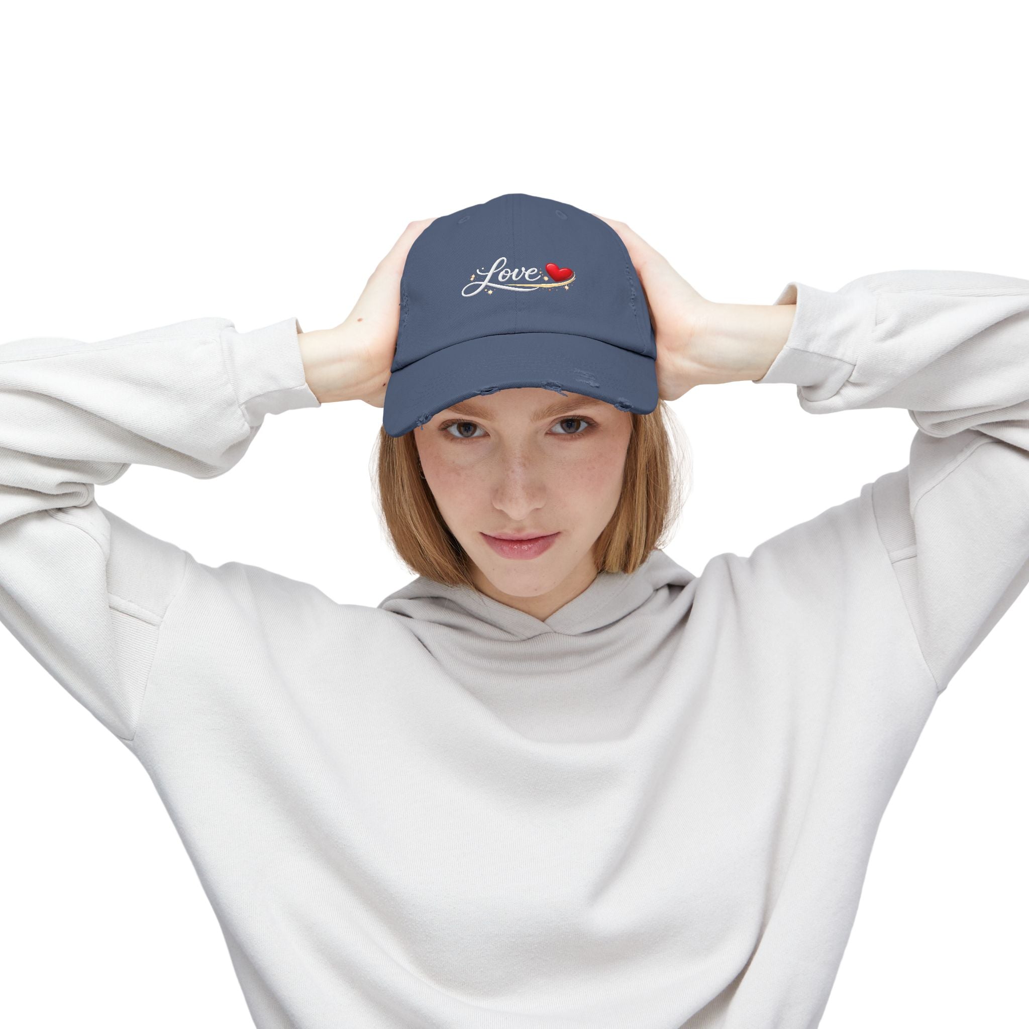 Distressed Love Hat - Embroidered Heart Script Baseball Cap