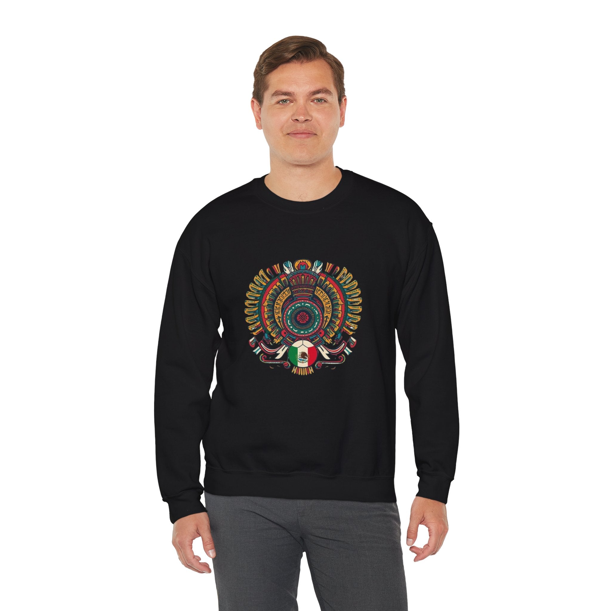 Aztec Skull Crewneck Sweatshirt – Colorful Tribal Headdress Design Mexico